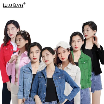 

High Quality Jeans Jacket For Women Spring Autumn Long Sleeve Stretch Slim Short Colored Cotton Denim Coat Red Green Tops