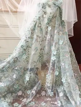 

3D chic flower rosette embroidery lace fabric Soft white embroidered tulle and lace fabric for bridal wedding dresses 140cm wide