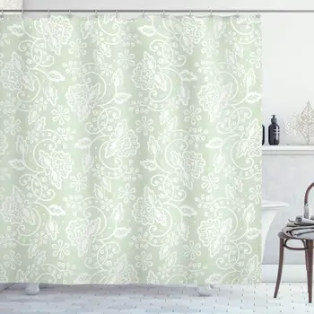 

Mint Shower Curtain, Floral Pattern with Flourishing Blossom Bouquets and Flower Leaf Illustration, Cloth Fabric Bathroom Decor