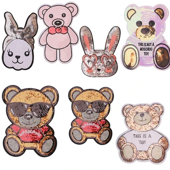 

Sunglasses bear rabbit cartoon sequins icon Iron on Patches for Clothing DIY Stripes Clothes Patchwork Stickers Custom Badges