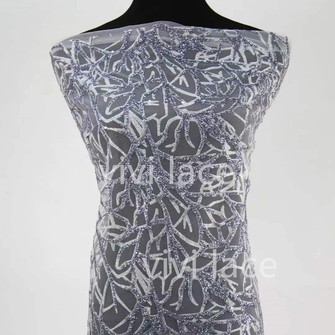 

5 Yards Wedding Couture Bling two color mix Glued Tulle Lace African Fabric For Sawing Dress/Party Occasion