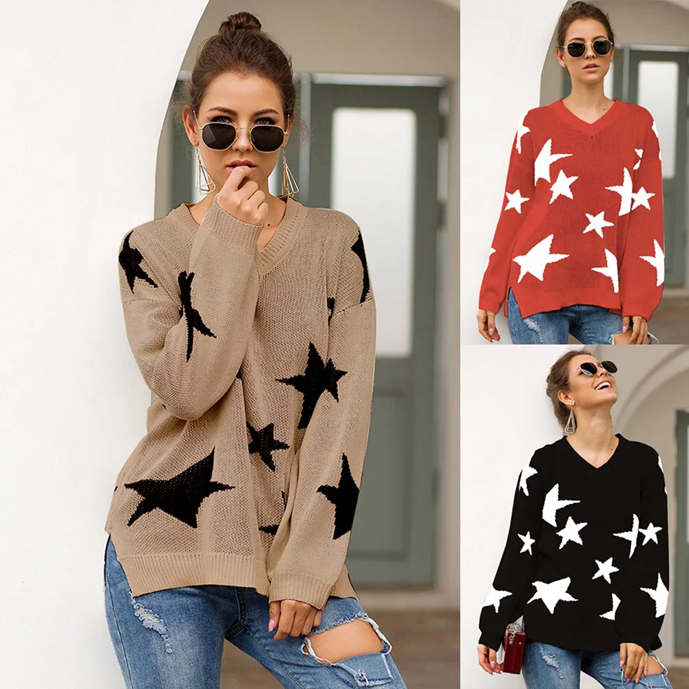 

Fashion Ladies Full Sleeve Women Knitting Sweater V-Neck Star Print Pullover And Jumper Loose Sweater Hot Sale 2019 Plus Size