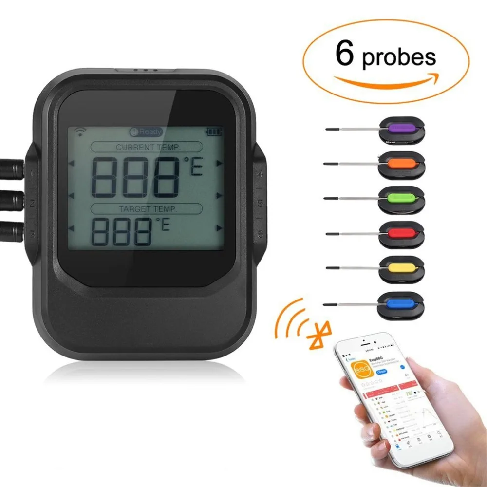 

Food Cooking Bluetooth Wireless BBQ Thermometer With Six Probes and Timer For Oven Meat Grill Free App Control