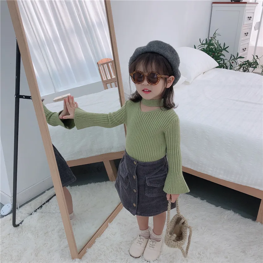 

Childrenswear 2019 Autumn And Winter New Style Korean-style Girls Hollow out Bell Sleeve Sweater Children Knit Low Waist Jersey