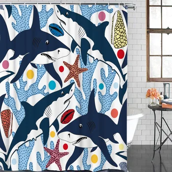 

Eco-Friendly Shower Curtain Blue Shark Water Grass Printed Shower Curtain Bathroom Decor Waterproof Fabric Bath Shower Curtain