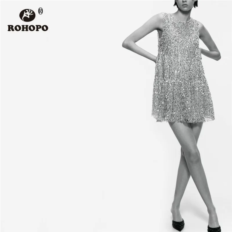 

ROHOPO Double Layers Sleeveless Round Collar Sequined Shine Party Khaki Dress Cascading Ruffled Chiffon Mini Sexy Vestido #9612