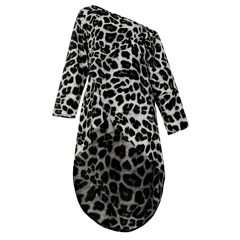 Cellumia, женские блузки с длинным рукавом, элегантные сексуальные с открытыми плечами, леопардовая расцветка, блузы, Повседневная рубашка, Асимметричные Длинные топы размера плюс - Цвет: Темно-серый