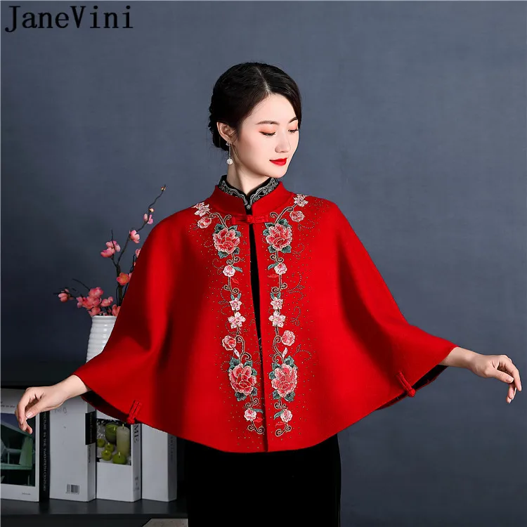 JaneVini China Red Embroidery Bride Wedding Cloak Faux Fur Shawl Bridal Wraps Capes Shrugs Winter Women Formal Party Bolero Coat