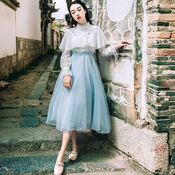 Женское шифоновое платье с цветочной вышивкой длинное кружевное воротником