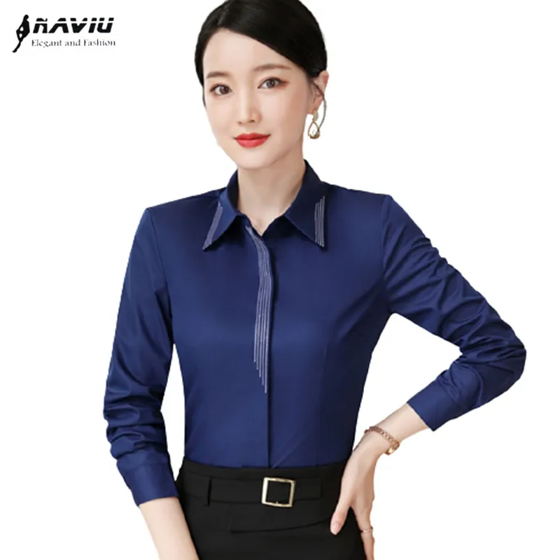 Camisa azul marino de manga larga para mujer, blusas entalladas formales  para entrevista de negocios, Tops de trabajo para oficina, 2022 -  AliExpress Ropa de mujer