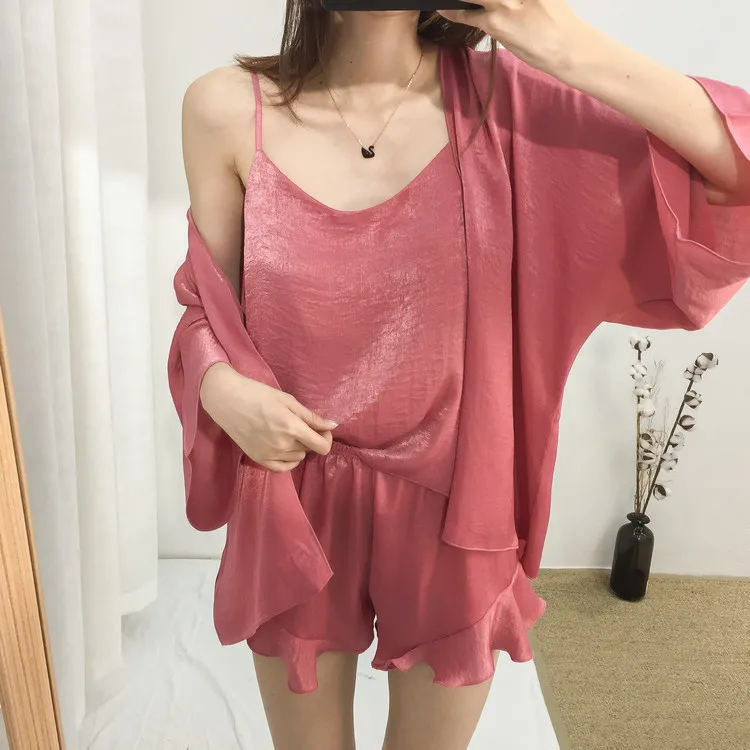 Korean-style Thin New Style Velvet Four-piece Set Pajamas Women's Spaghetti Strap Pajamas Women's Robes Coat Tracksuit Spring An