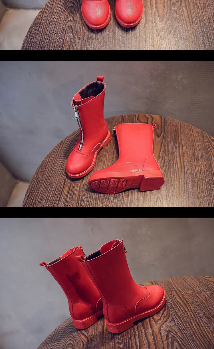 Зимние красные ботинки для девочек; детская обувь; детские зимние ботинки на молнии спереди; мягкая кожа; плюш; bota menina; теплый рождественский подарок