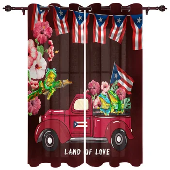 

Puerto Rico Flag Truck Flower Frog Window Curtains Kitchen Bedroom Fabric Drapes Curtain Home Draperies Curtains for Living Room