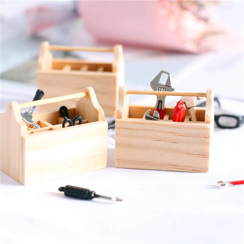 Mini Wooden Toolbox With Repair Tools Miniature Furniture Model Toys for Boy Play Tools Game & 1/12 Dollhouse Decora Accessories 6