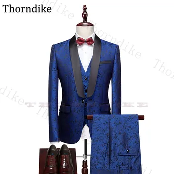 

Thorndike Blue Jacquard Party Prom Suits 3 Pcs Set Men's Wedding Suit Black Shawl Lapel Groomsmen Tuxedos (jacket+vest+pants)