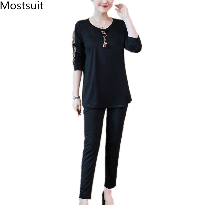 

L-5xl Black Two Piece Sets Outfits Women Plus Size Long Sleeve Tops And Pants Suits Casual Fashion Office Korean 2 Piece Sets