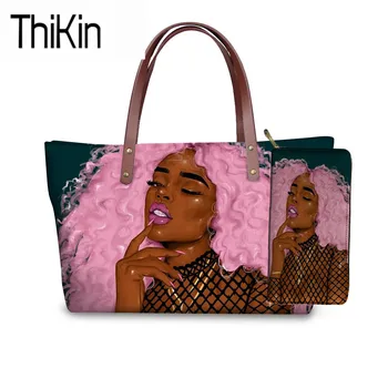 

THIKIN 2pcs/set Luxury Design Women Bags African Girls Black Art Afro Handbags Ladies Top-Handle Bag for Females Beach Totes
