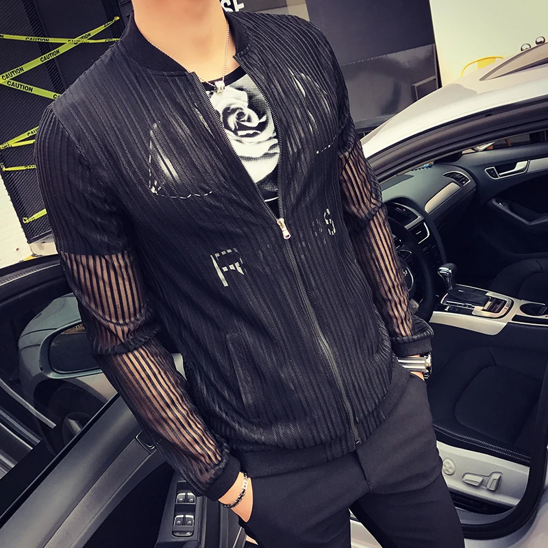 

2020 Summer Jackets Mens Stripe Transparent Jackets Sexy Black Club Outfits White Mens See Through Jackets Jaqueta Masculino New