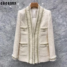 Новые корейские винтажные шикарные твидовые блейзеры женская мода v-образный вырез длинный рукав Карманы костюм куртка женская верхняя одежда casaco femme