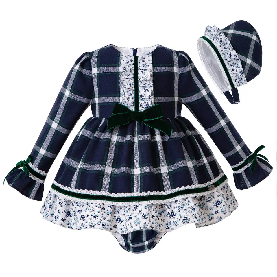 Pettigirl/Рождественская одежда для маленьких девочек, платье с бантом, белое осеннее платье в клетку+ штаны+ шапочка, одежда для девочек детское зимнее платье