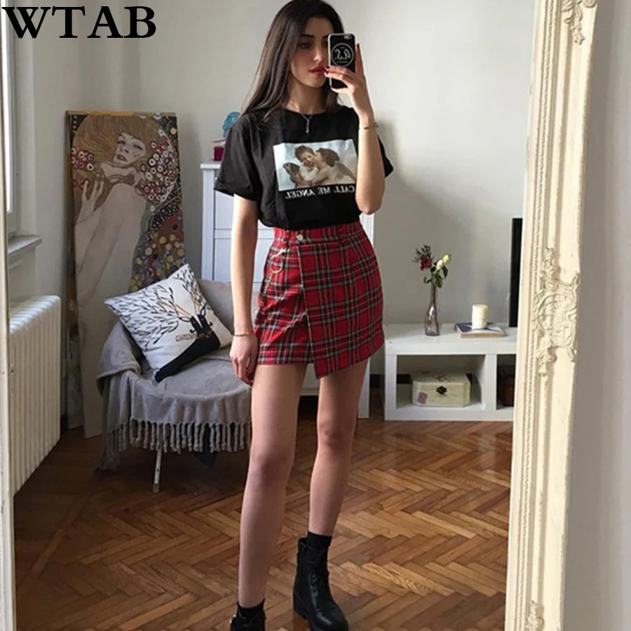 WTAB новые весенние винтажные красные клетчатые мини юбки для женщин летние модные офисные женские Клубные вечерние повседневные Короткие плиссированные юбки mujer