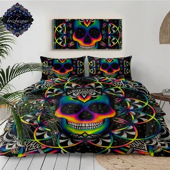 

Chaos By Brizbazaar Bedding Set Queen Colorful Skull Duvet Cover Galaxy Mandala Gothic Bed Set 3-Piece Universe Cool Bedclothes