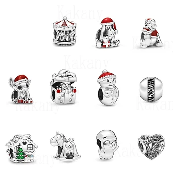

KAKANY 2019 Winter 925Silver MI Mouse Christmas Snowman and Santa Hat Carousel Little Penguin Charm DIY Beaded Accessories
