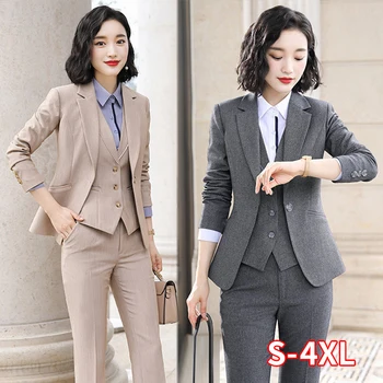 

Women High Quality Pant Suits Set Office Ladies Work Wear Women OL Pant Suits Formal Female Blazer Jacket Vest Trousers 3 Pieces