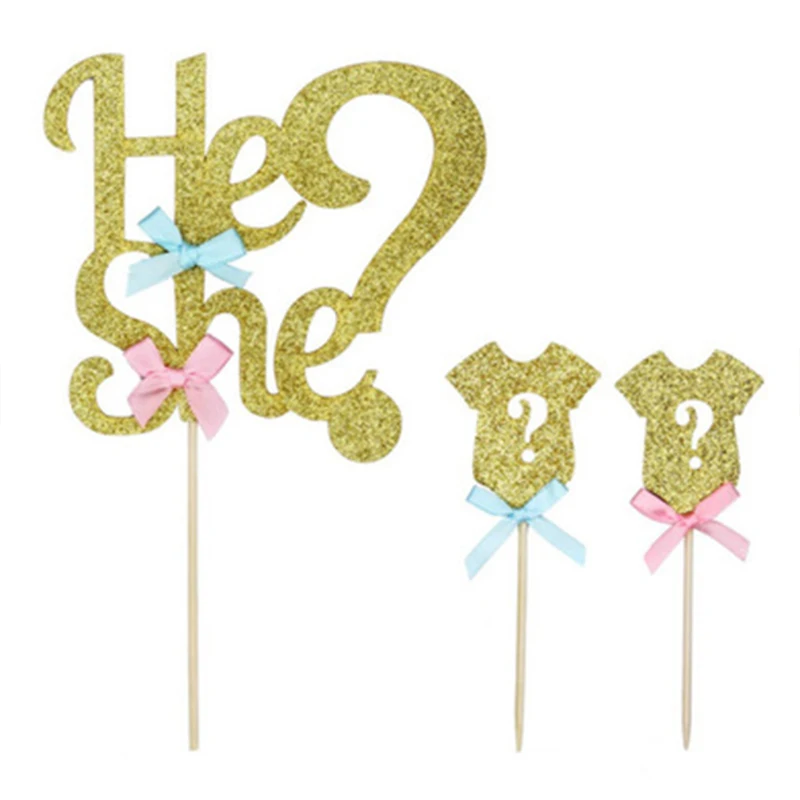 Lui O Lei Rivelando Il Genere Cake Toppers Di Carta Lampeggiante Oro Ragazzi E Ragazze Vestiti Bow Cake Toppers Baby Shower Decorazioni Per Torte