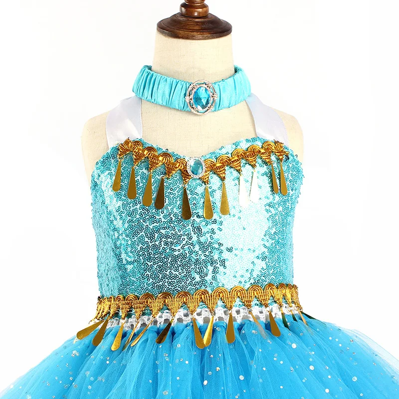 Aladdin Jasmine Girls Tutu Dress Headband Outfit Kids Birthday Party Pageant Sparkly Tulle Fancy Dress Sequins Children Clothes (14)