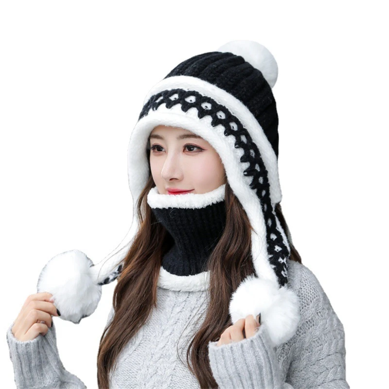 2021 Woolen Hat Women Winter Ear Protection Knitted Hat Bib Two-piece Plus Velvet Warm and Windproof Cycling Hat