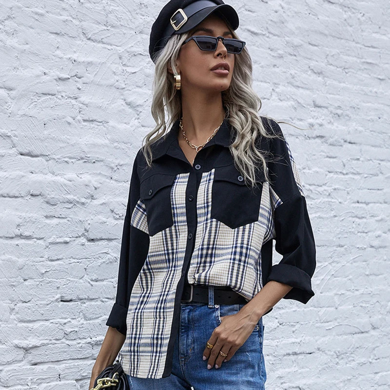 

2020 Fashion Plaid Shirt Chic Checked Blouse Women Long Sleeve Female Casual Print Patchwork Shirts Loose Cotton Tops Blusas New