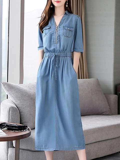 Vestido de mezclilla Vintage Casual elegante de Primavera de 2020, vestidos de verano de Jeans a la moda coreana para vestidos de una línea azul cielo para oficina diaria _ -