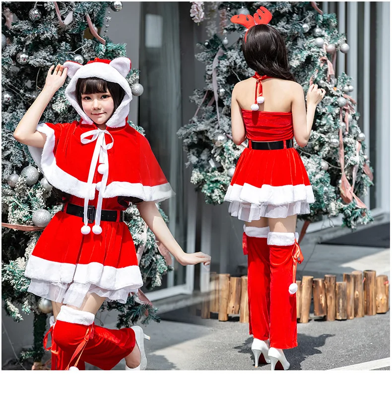 Christmas Velvet Red Dress Mrs Santa Claus Fancy Cloak Hoody Cape Set Women Holiday Cosplay Clothes Party Dress Xmas Outfit