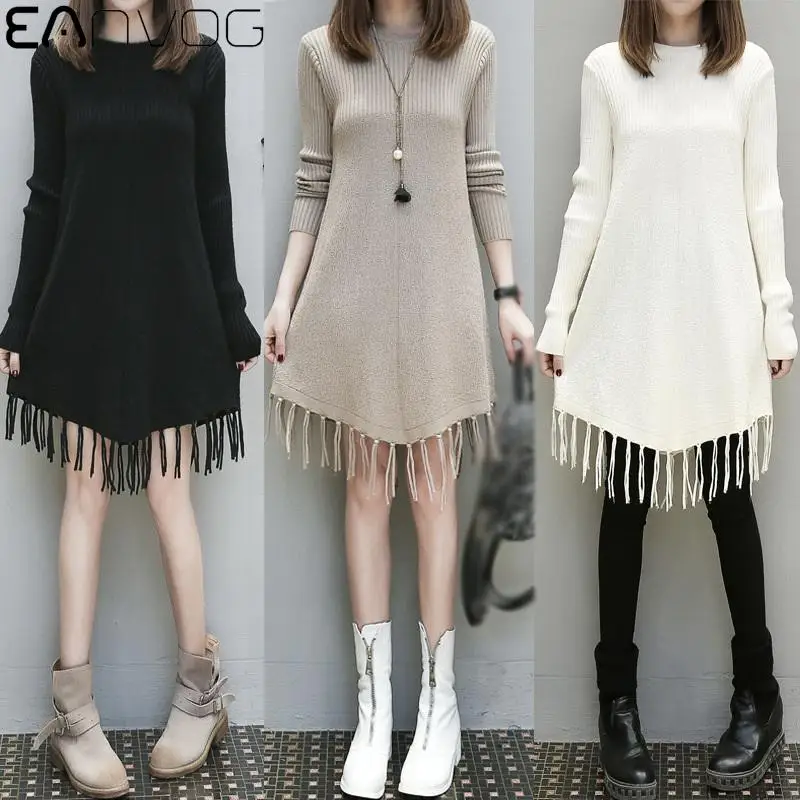 

Fall Winter Women Solid Knitted Sweater Round Neck Tassel Hem Plus Size Dress Asymmetrical Teasels Hem Vintage Pullovers