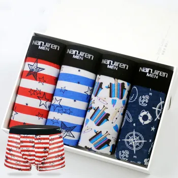 

4pcs/lot Men's Underwear Cotton Printed Boxer Pants Student Wear Striped Underpants Breathable Mid Waist Boxer Pants
