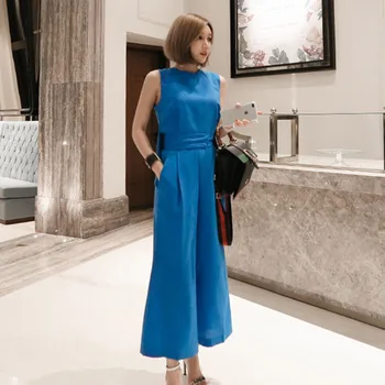 

Blue linen jumpsuits sleeveless office work wear hollow out back elastic waist long pants