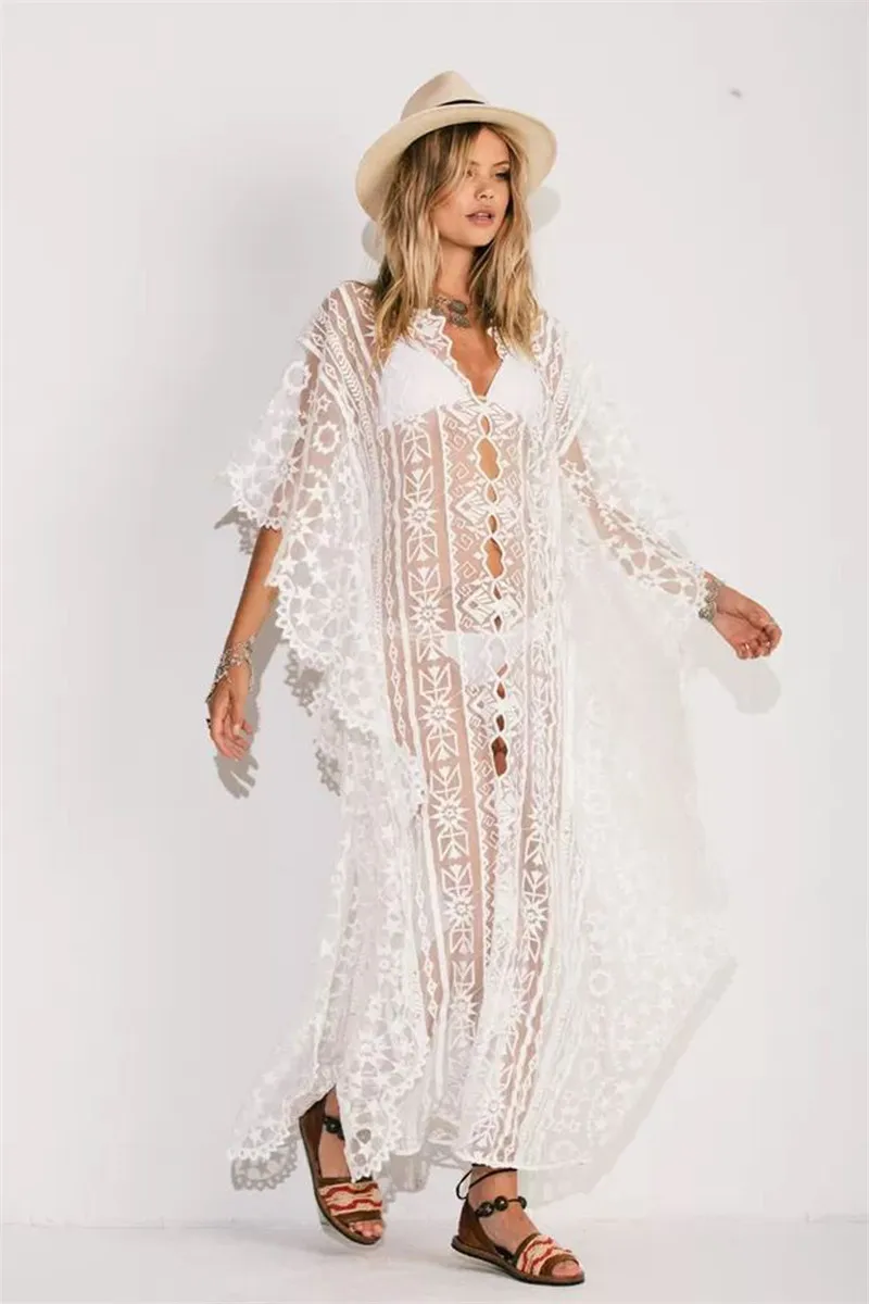 Летняя одежда для женщин, платье в стиле Boho-Chic, длинное женское пляжное платье, белый кружевной кафтан, Прая, свободный, Salida De Bano, Плайя Mujer