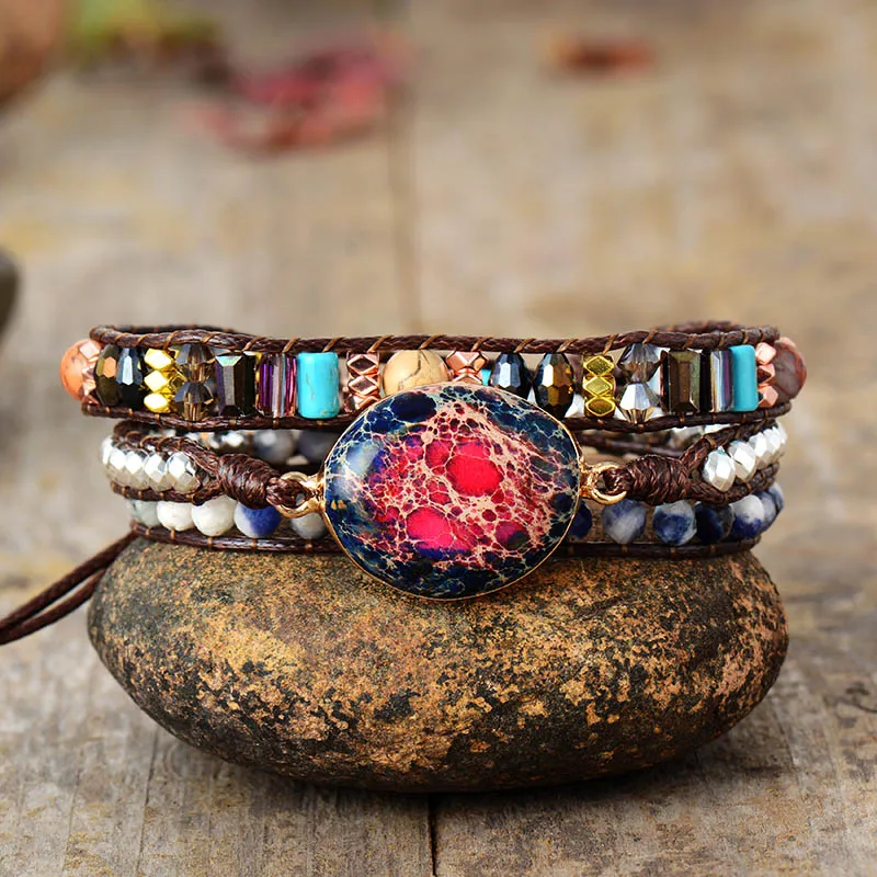 Leather Wrap Bracelet W/ Natural Stone Pink Tourmaline Jaspers Beaded Triple Statement Art Bracelet Christmas Jewelry Gifts