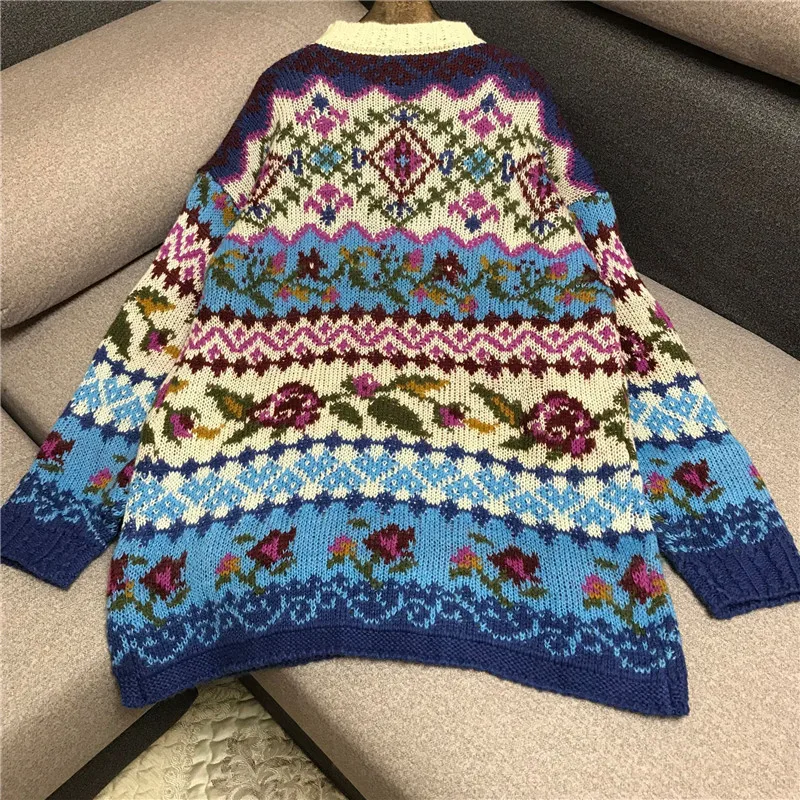 Women Sweater Color Block Jacquard Jumper Flower