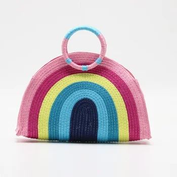

Caker Brand 2020 Women Half Circle Straw Handbag Fashion stripe rainbow color Beach Bags Wholesale