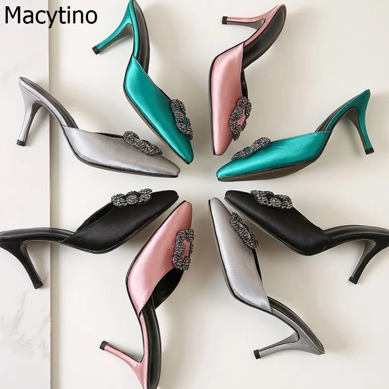 

Sexy Satin Slippers Pink Women Sexy Pointed Toe High Heels Mules Rhinestone Square Buckle Outwear High Heel Slides Woman