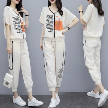 

Fashion Summer Two Piece Set Women Batwing Sleeve V-neck Print Tops + Striped Harem Pants 2 Piece Outfits For Lady Clothing 2020