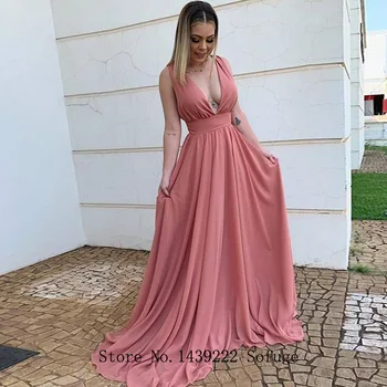 

Dark Pink Chiffon V Neck Evening Dresses Prom Pleat Vestidos De Fiesta Formal Gown Robe De Soiree Plus Size