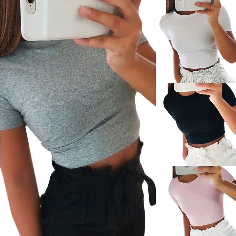 

KLV Summer Slim Tight Short Sleeved T-shirt Sexy Women Sleeveless Solid Crop Tops