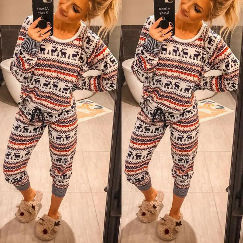 Women Winter New Christmas Reindeer Print Pajamas Set Female Homewear Thick Warm Long Sleeve Full Trousers Two Piece Pajama Set