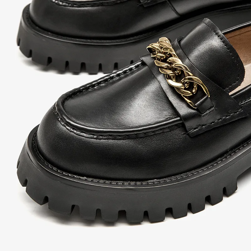 BeauToday Platform Loafers Women Genuine Cow Leather Round Toe Casual Flats Metal Chain Slip On Female Shoes Handmade 27756