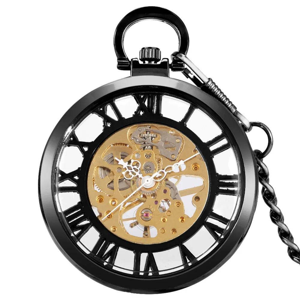 Transparent Glass Roman Numerals Skeleton Mechanical Pocket Watch Retro Black Manual Mechanism Pendant Pocket Timepiece Male