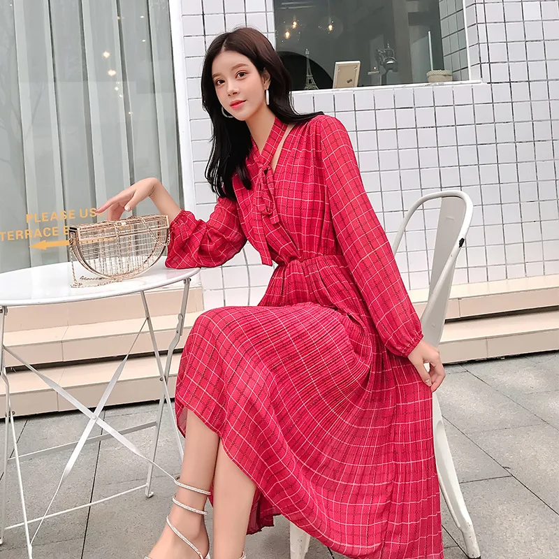 

Dress Women's Autumn & Winter 2019 New Style French Retro Skirt Mid-length Plaid Slim Fit Cake Dress