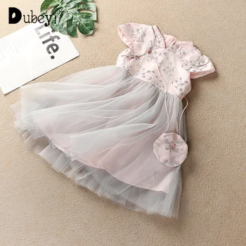 

2020 Summer Girls Chinese Style Embroidery Princess Party Dress Girls Mesh Dress with Bag Birthday Party Costumes